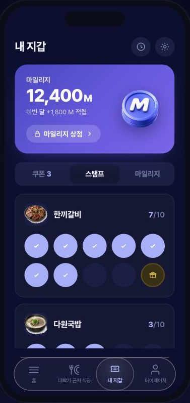 우주라이크 앱 내 지갑 화면. 마일리지 12,400M과 한끼갈비 스탬프 7/10이 보인다.
